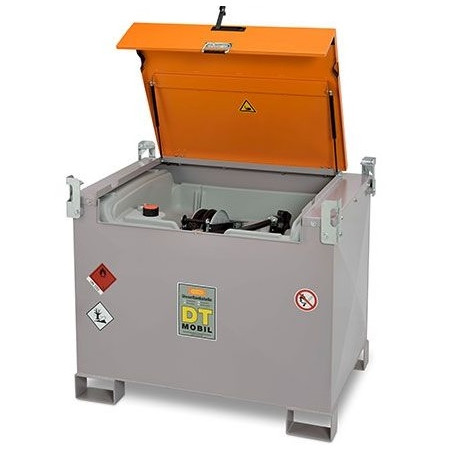 Depósito de gasoil 440 litros con bomba eléctrica 12 V, doble pared, elevación carretilla y enganche grúa, básico