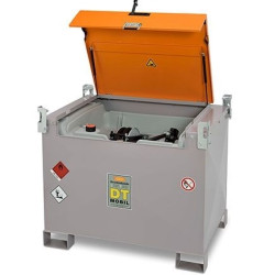 Depósito de gasoil 440 litros con bomba eléctrica 24 V, doble pared, elevación carretilla y enganche grúa, básico